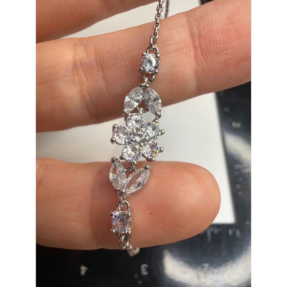 Silver Tone Cubic Zirconia Flower Bolo Bracelet Adjustable Slider Chain Clear